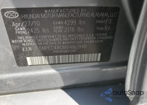 2011 Hyundai Sonata Se z USA, uszkodzony, nr VIN 5NPEC4AC6BH060948
